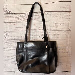 Rolf’s Black Leather Tote Bag Double Handle Outside Pocket Magnetic Snap Closure